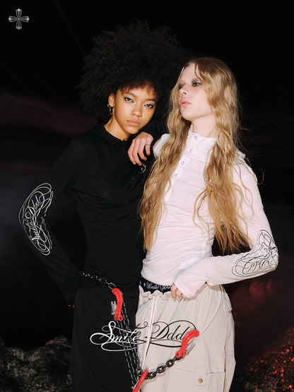 Hooded Button Print Long Sleeve T-Shirt NA8932