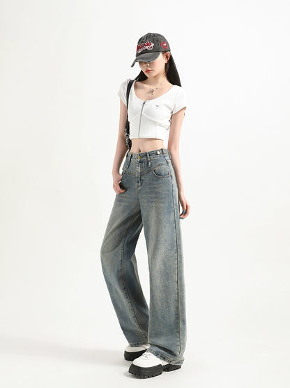 Washed Wide-Leg Straight Denim Jeans NA3296