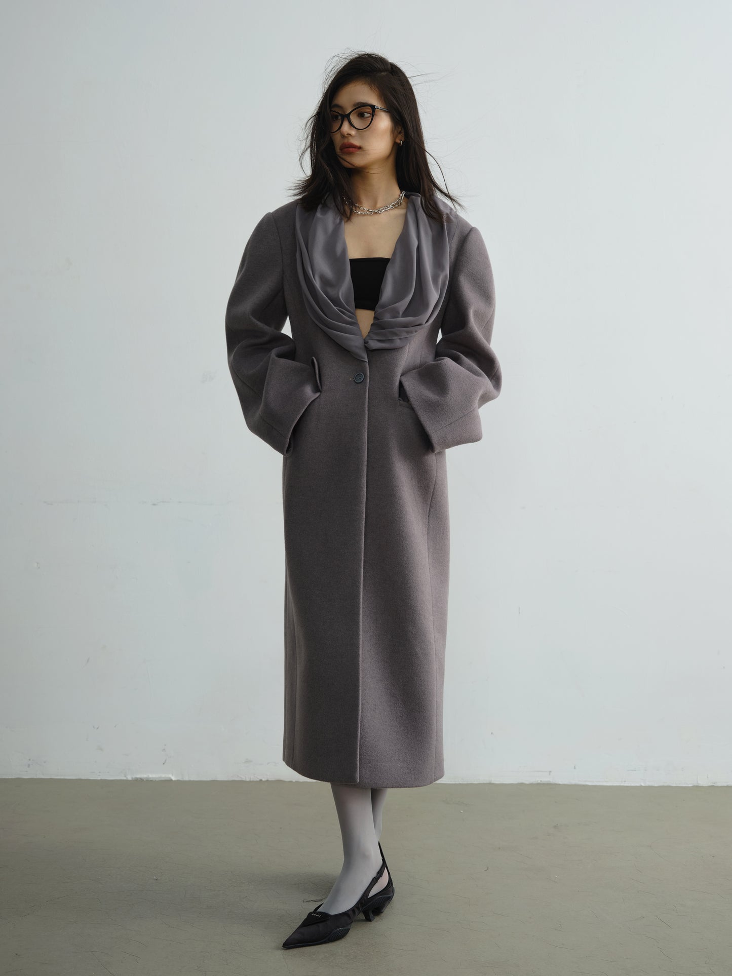 Collar Design Wool Long Coat with Scarf NA5169