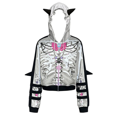 Skull Bowknot Print  Horns Hoodie NA6614