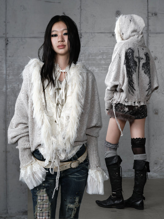 Fake Fur Trim Drawstring Oversize Knit Cardigan NA9005
