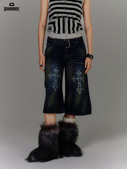 Washed Damage High-Waist Cropped Straight Denim Jeans NA8880