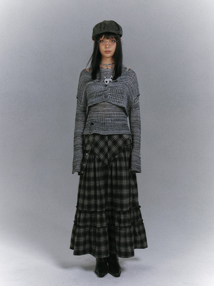 Damage Knit Cardigan & Skull Damage Vest Set NA8887