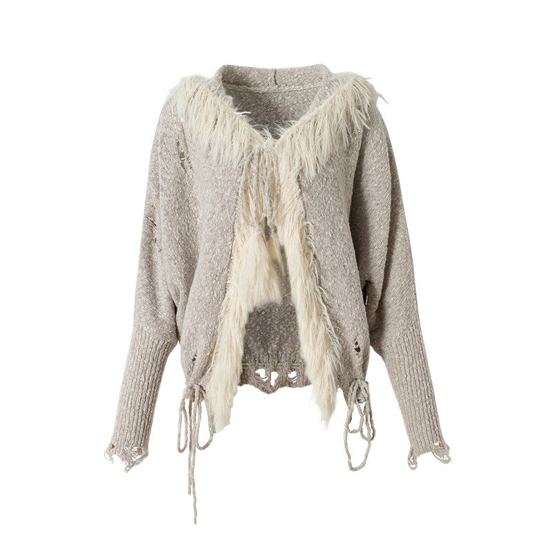 Fake Fur Trim Drawstring Oversize Knit Cardigan NA9005