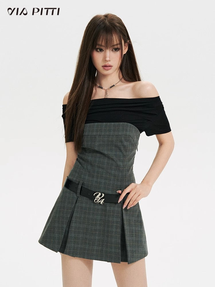 Plaid Panel Waist Fold Short Sleeve Dress NA4952