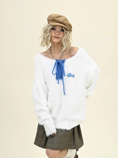 String Design Oversize Shaggy Knit Sweater NA6266