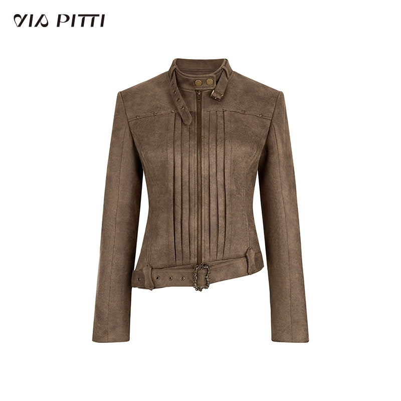 PU Leather Zipper Jacket & Waist Belt A-line Skirt Setup NA4816