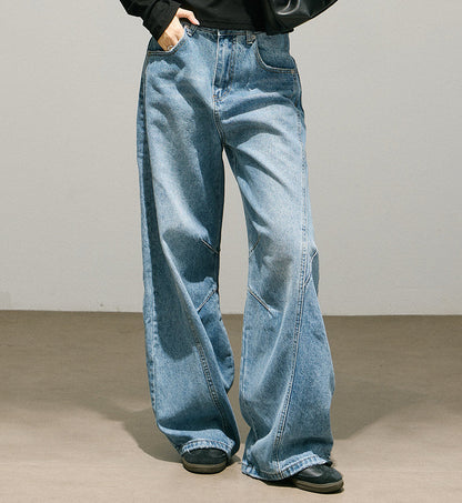 Washed Seam Design Wide Leg Denim Jeans NA8948