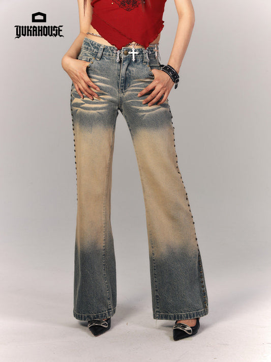 Washed Gradient Studs Detail Flare Denim Jeans NA9215