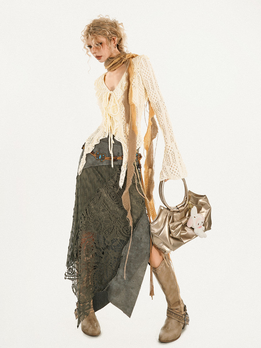 Original Design Heavy Craft Wasteland Knit Patchwork Lace Skirt NA8624