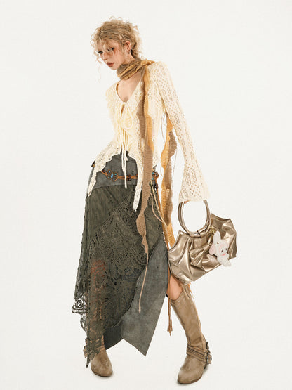 Original Design Heavy Craft Wasteland Knit Patchwork Lace Skirt NA8624