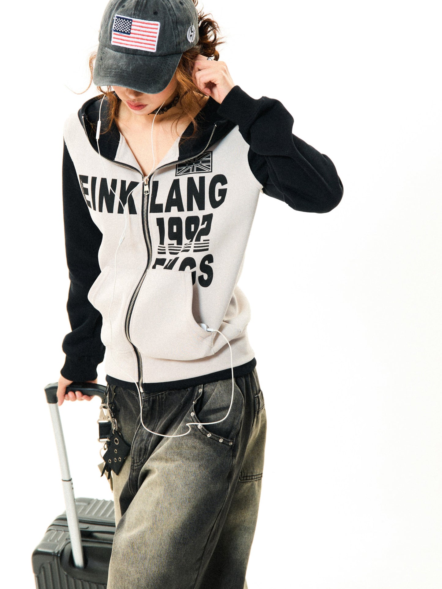 Color Block Letter Print Fitted Zipper Hoodie NA9363