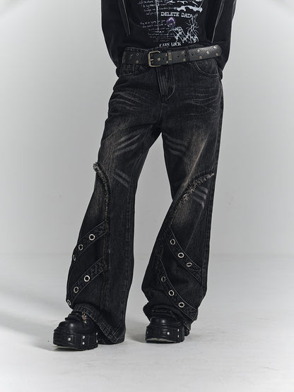 Washed Frayed Wide-Leg Straight Denim Jeans NA8903