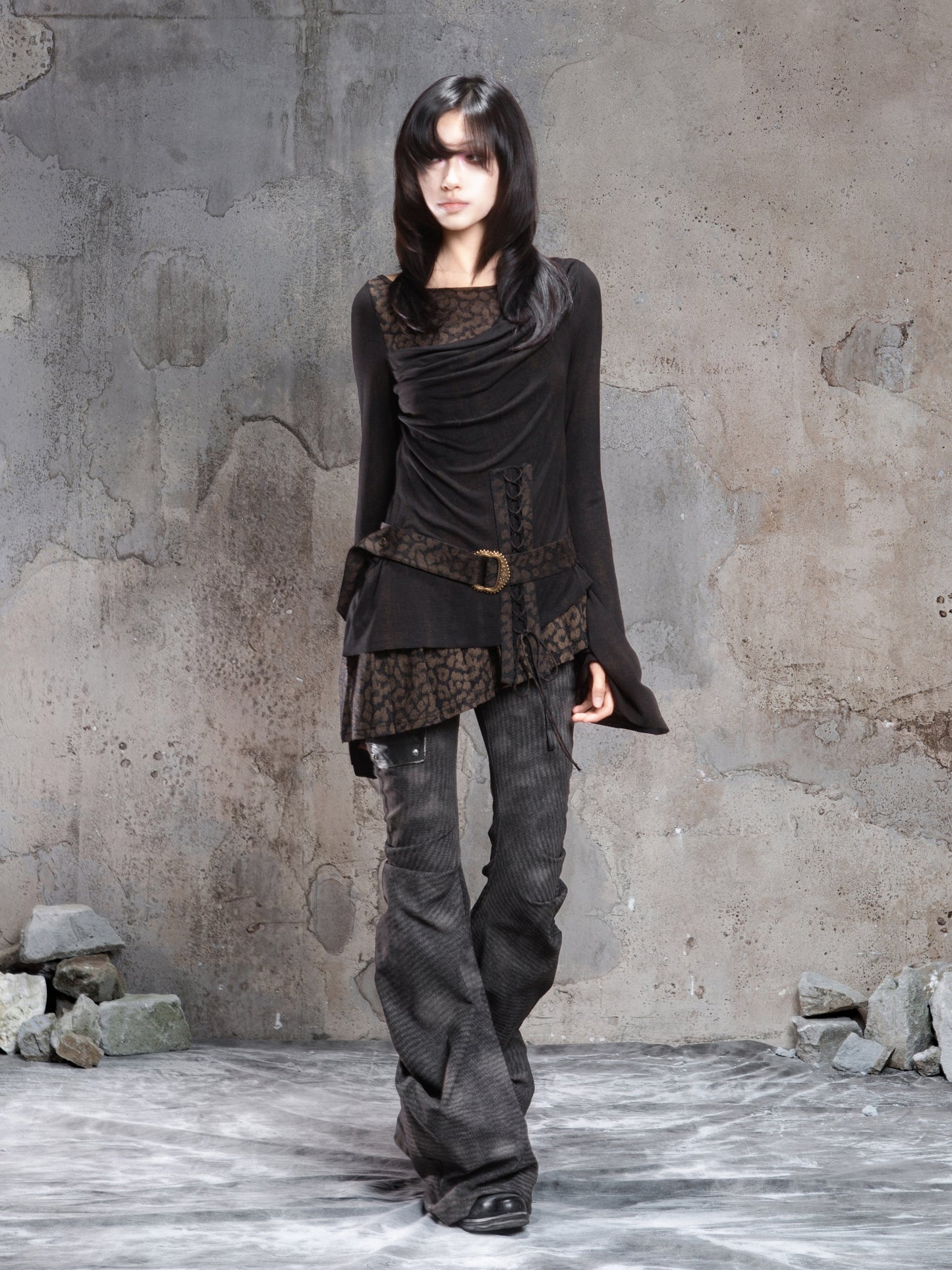 Original Vintage Dark Punk Color Block Fake Two-Piece Blouse NA8351