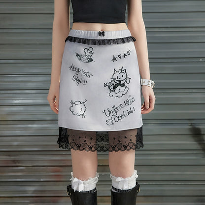 Graffiti Print Lace Hem Short Skirt NA3406