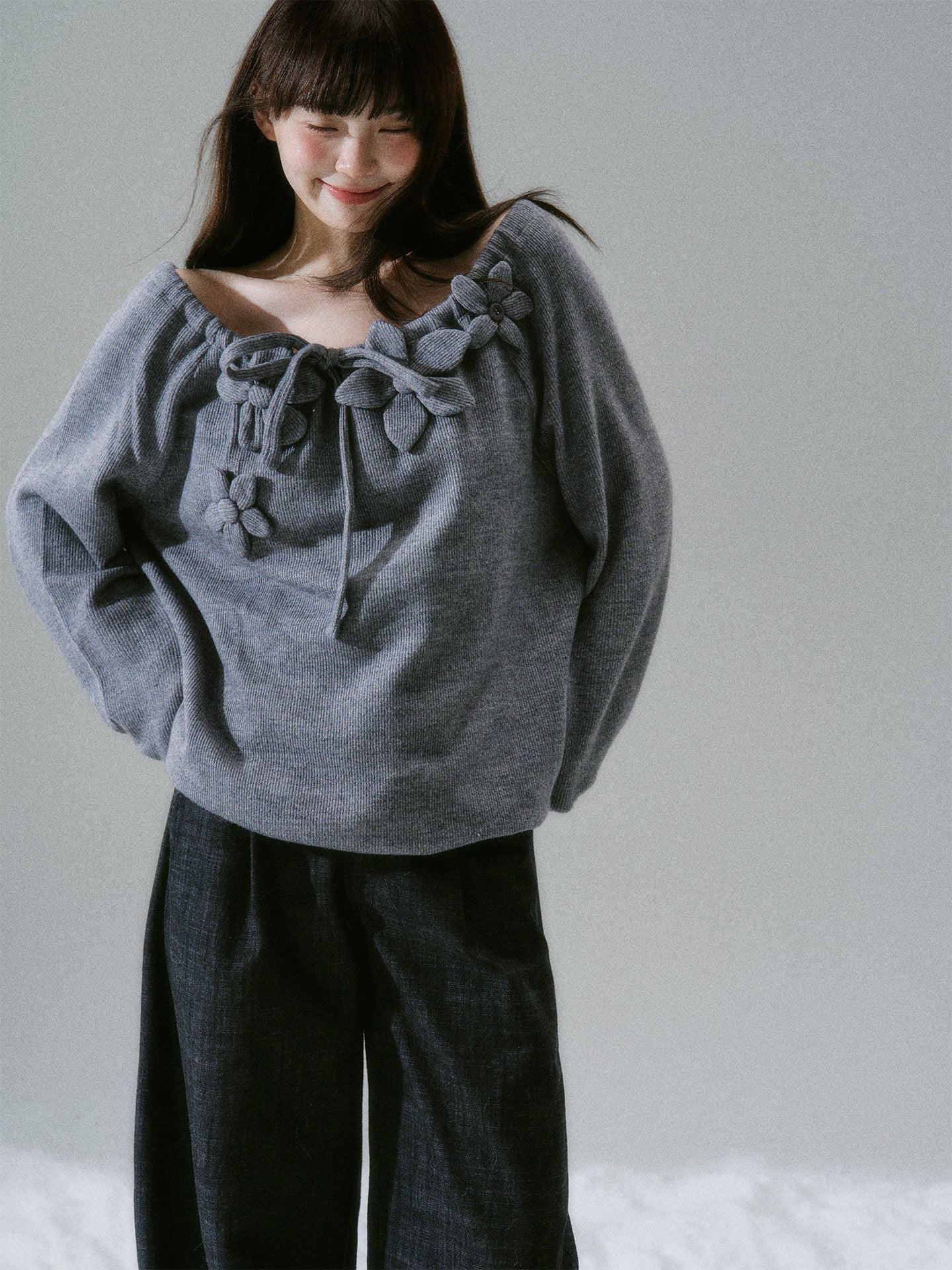 Handmade Flower Drawstring Wool Fake Layered Knit Sweater NA8802