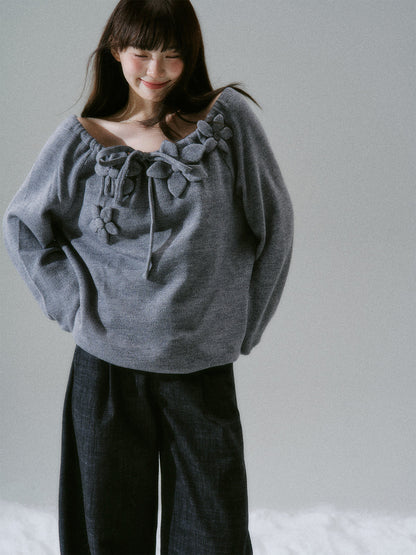 Handmade Flower Drawstring Wool Fake Layered Knit Sweater NA8802