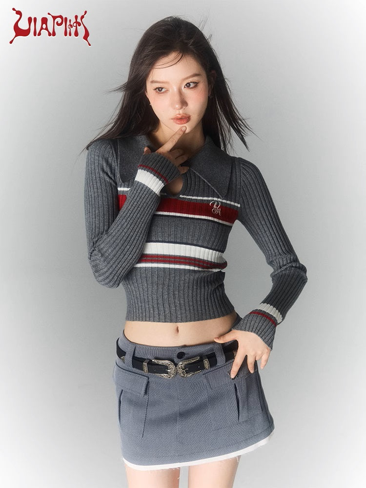 Polo Collar Striped Knit Sweater NA4918