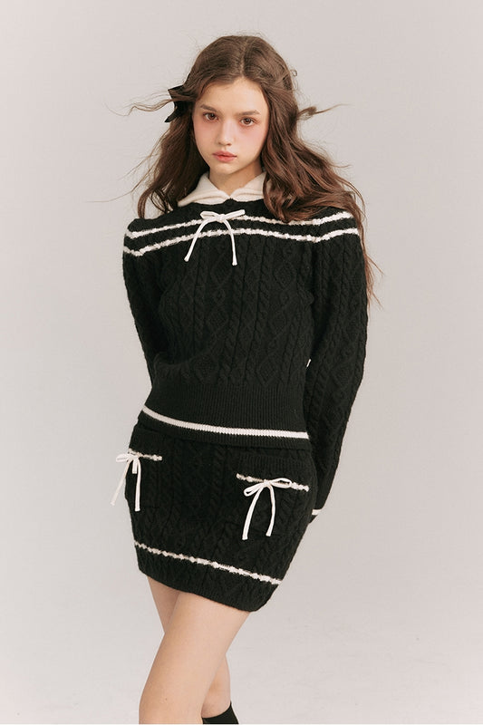 Bow Contrast Knit Sweater & Knit Short Skirt Setup NA5857