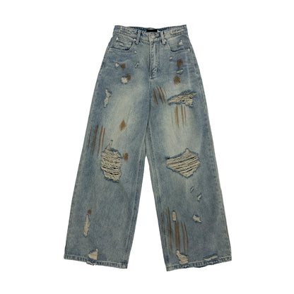 Rust Fade Damage Wash Draped Wide Leg Denim Jeans NA9152