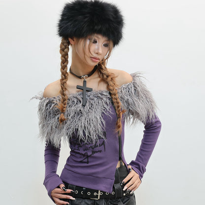 Fake Fur Trim Off-Shoulder Print Slim T-shirt NA8555