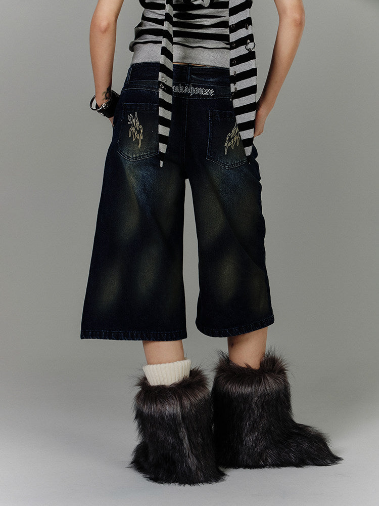 Washed Damage High-Waist Cropped Straight Denim Jeans NA8880