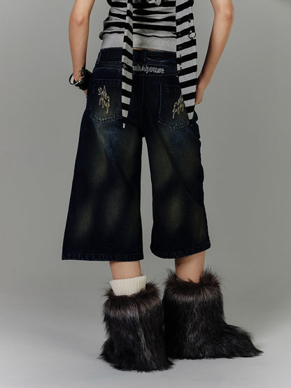 Washed Damage High-Waist Cropped Straight Denim Jeans NA8880