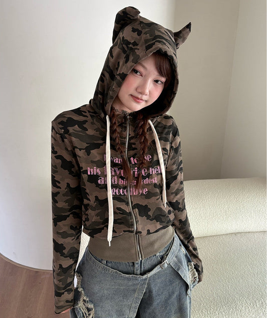 Devil Horn Hooded Print Zipper Hoodie NA9254