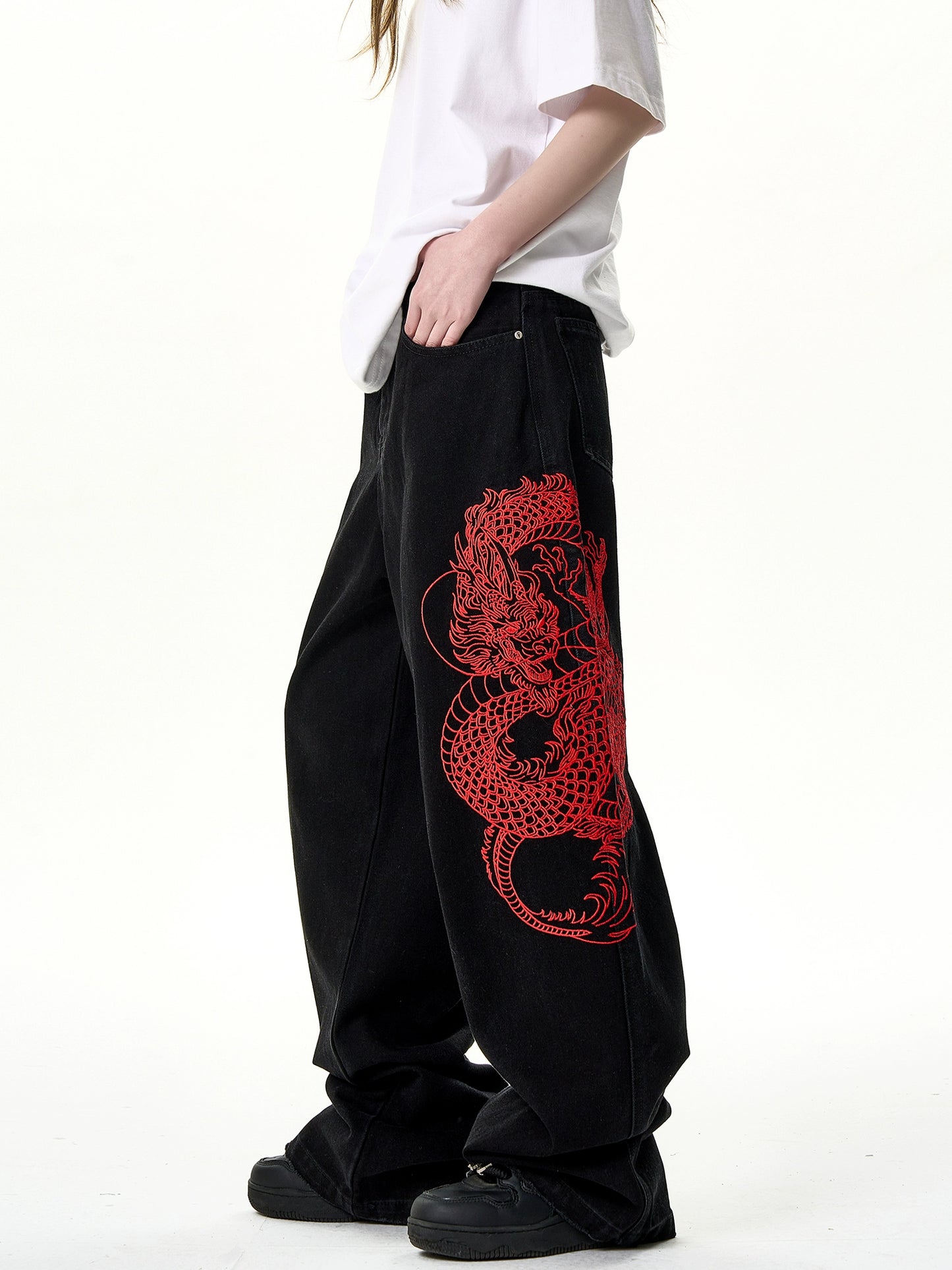 Dragon Embroidery Wide Leg Denim Jeans NA2968