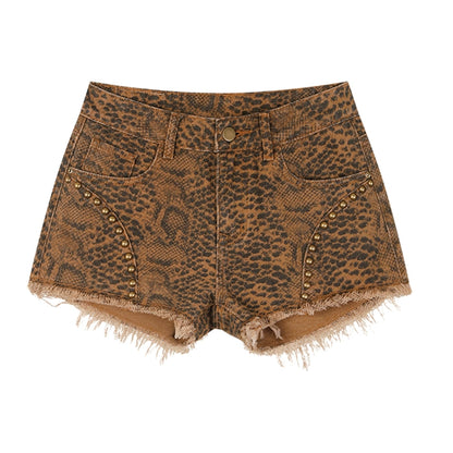 Snake Pattern Raw-edge Denim Shorts NA3763