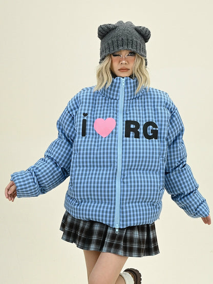 Heart Plaid Stand Neck Short Puffer Jacket NA6227