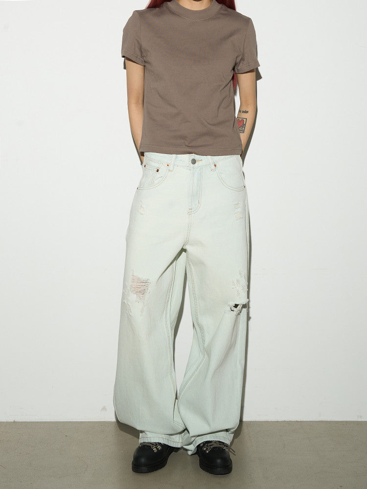 Damage Washed Wide Leg Denim Jeans NA9103