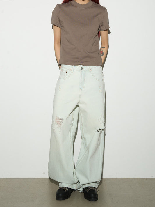 Damage Washed Wide Leg Denim Jeans NA9103