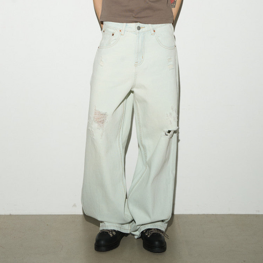 Damage Washed Wide Leg Denim Jeans NA9103