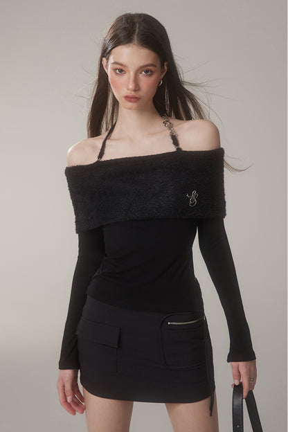 Off Shoulder Furry Design Stretch Knit Top TNA4114