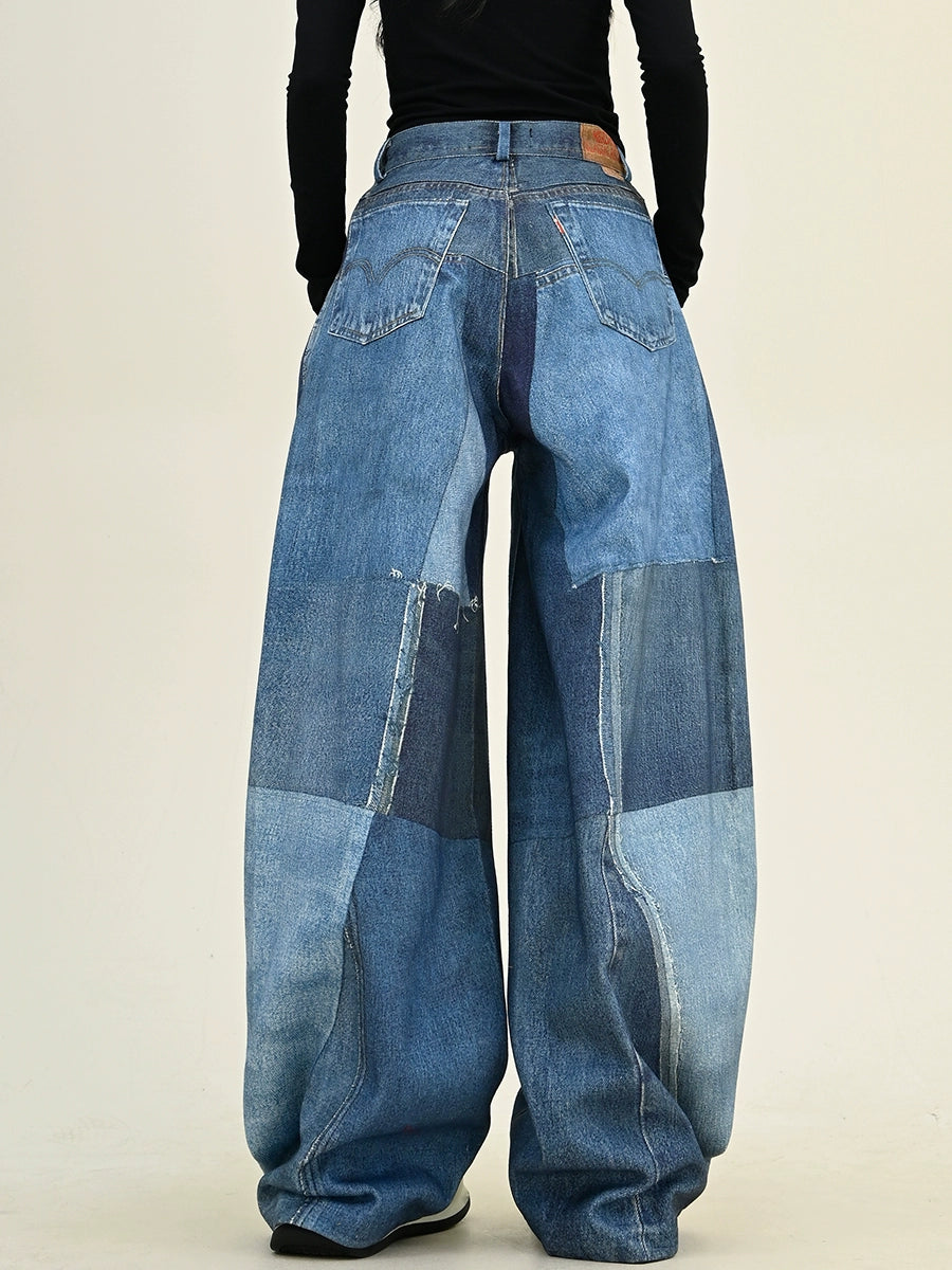 Wide-leg Patch Spliced Print Denim Jeans NA6279