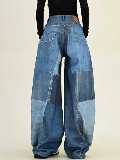 Wide-leg Patch Spliced Print Denim Jeans NA6279