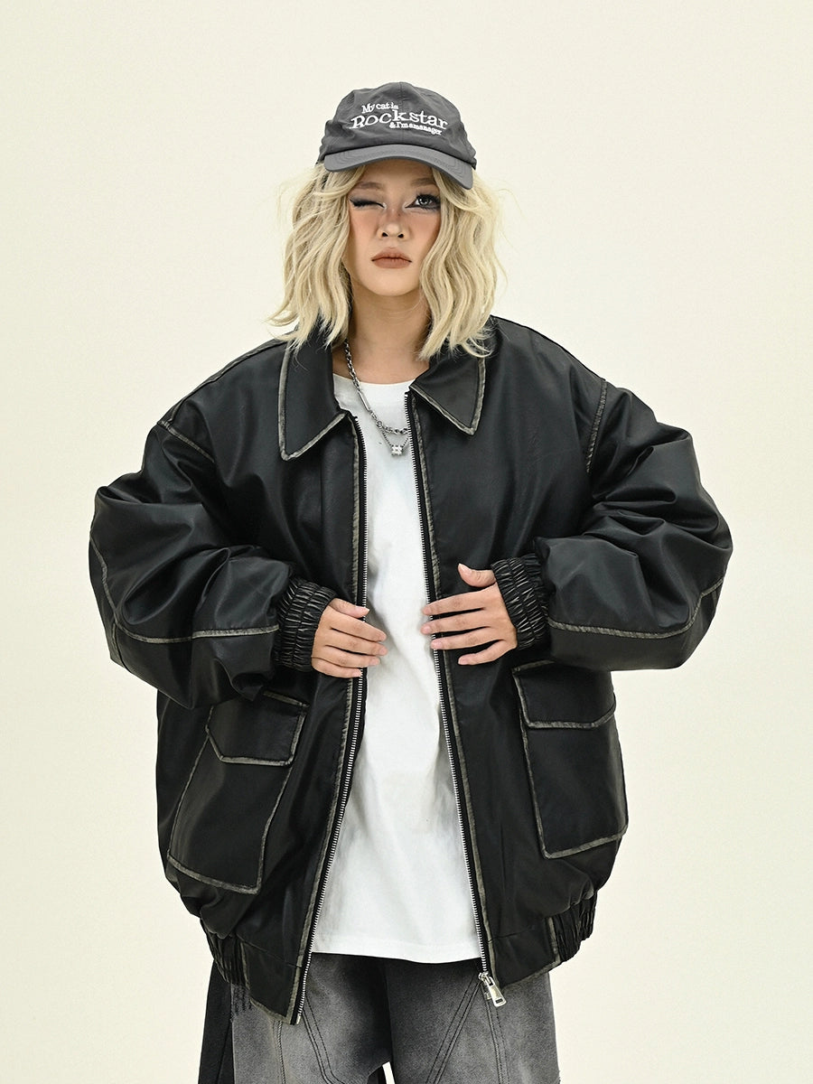 Oversize PU Leather Pocket Puffer Jacket NA6199