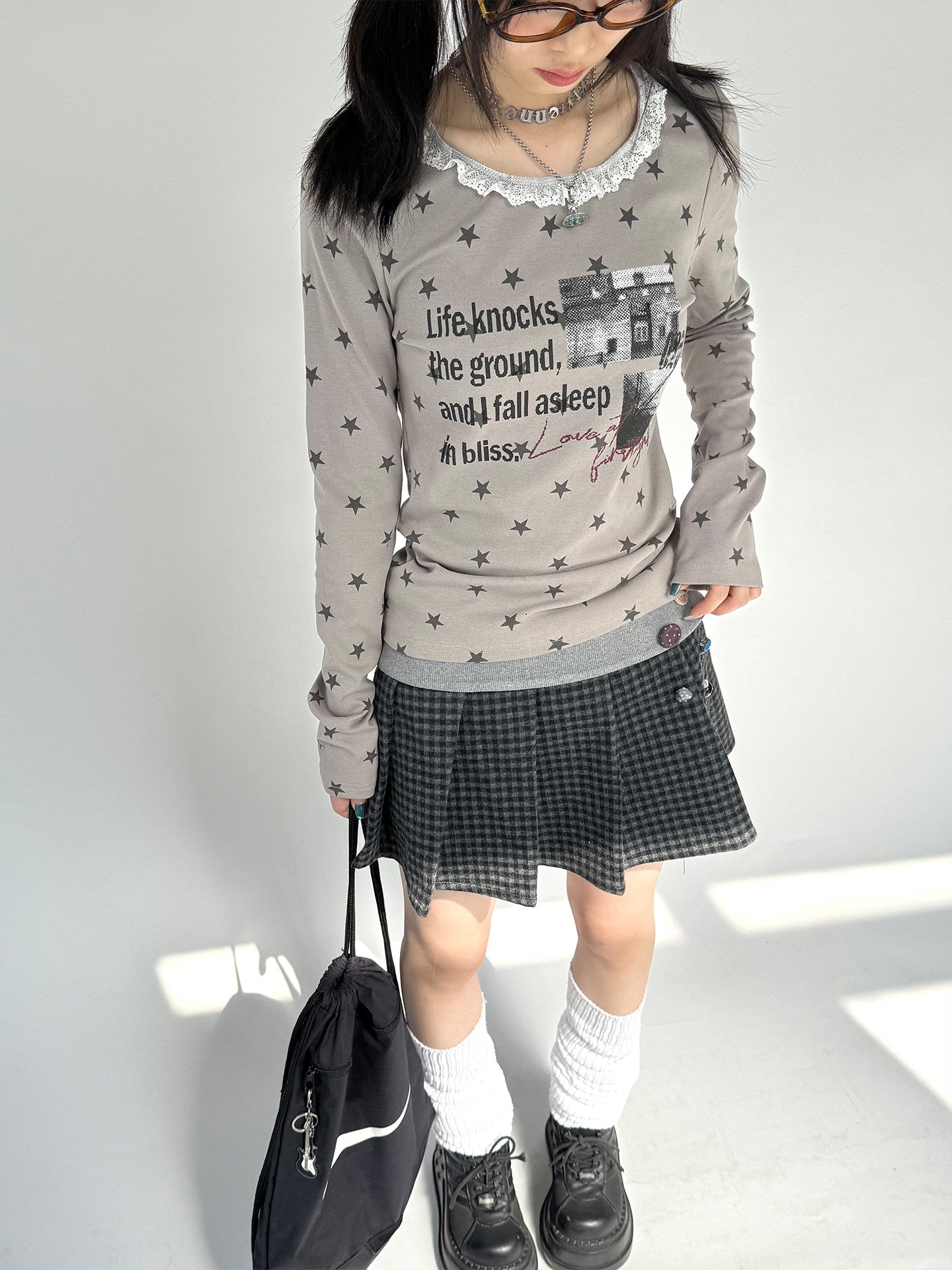 Star Print Lace Trim Fitted Long Sleeve T-Shirt NA9297