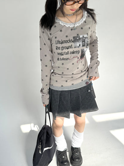 Star Print Lace Trim Fitted Long Sleeve T-Shirt NA9297