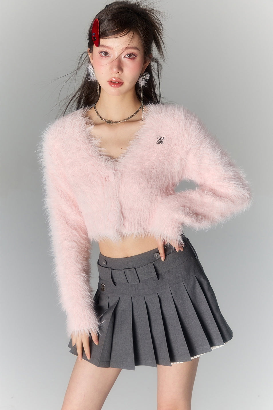 Cropped Furry Knit V-neck Cardigan NA4808