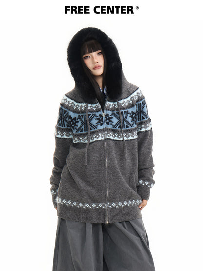 Fur Collar Fair Isle Hooded Knit Cardigan NA8868