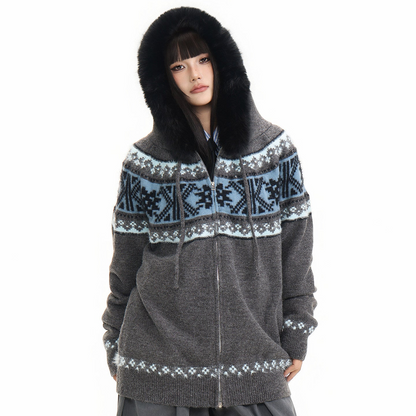 Fur Collar Fair Isle Hooded Knit Cardigan NA8868