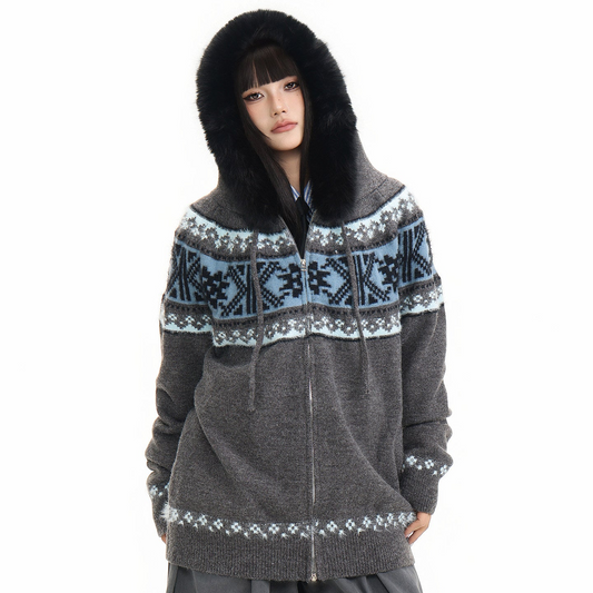 Fur Collar Fair Isle Hooded Knit Cardigan NA8868