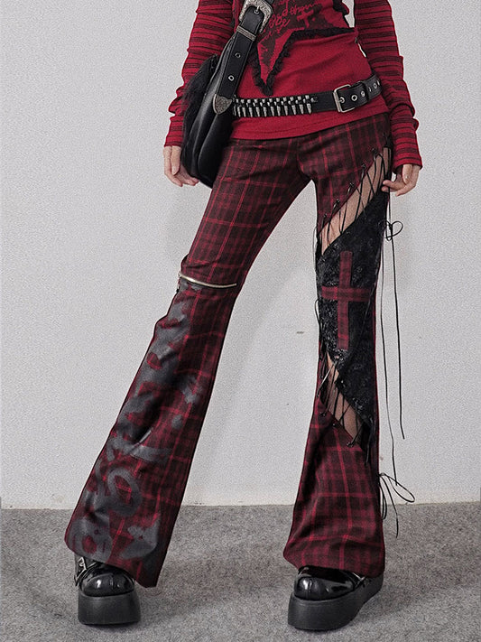 Tie-Strap Hollow-Out Plaid Patchwork PU Leather Pants NA7756