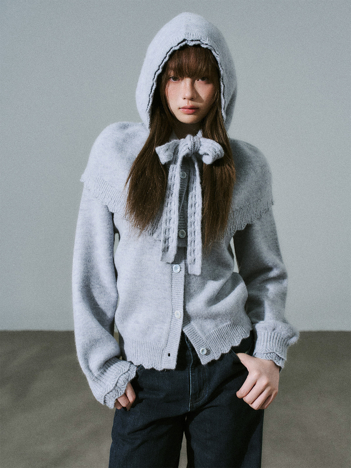 Ruffled Collar and Bow Detail Knit Cardigan NA8824