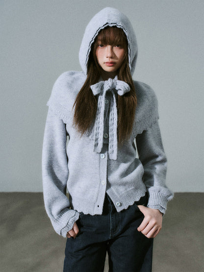Ruffled Collar and Bow Detail Knit Cardigan NA8824