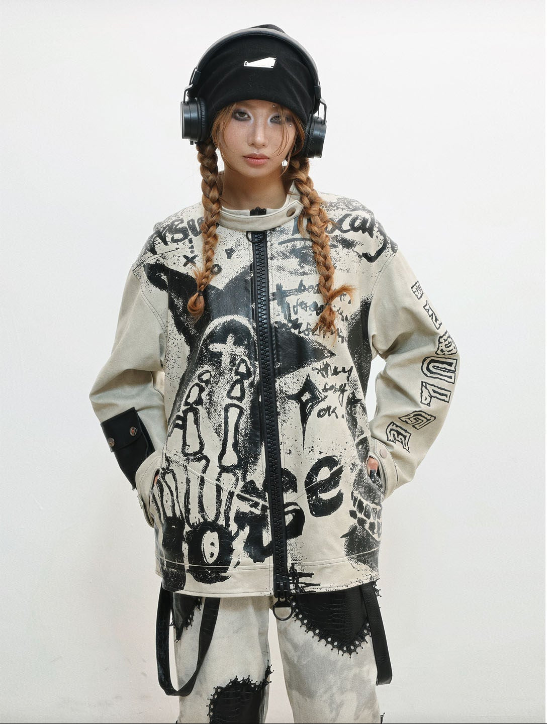 Damage Print Thick PU Leather Jacket NA8556