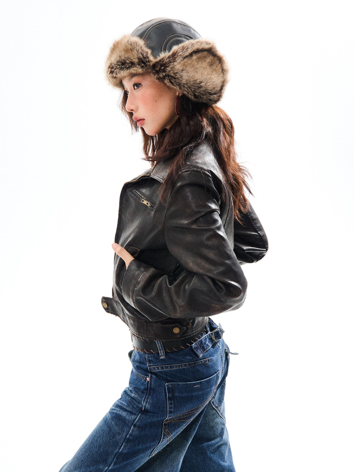 PU Leather Washed Zipper Short Length Jacket NA9387