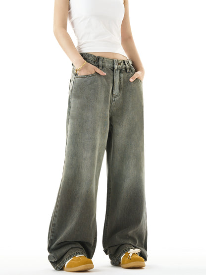 Washed Gradient Design Wide-Leg Straight Denim Jeans NA3055